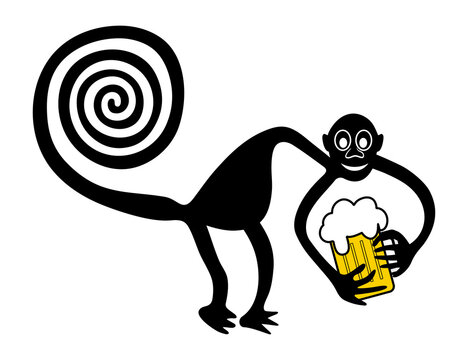 Monkey with beer and beer belly - paraphrase of the famous geoglyph of the Monkey from Nazca - vector illustration