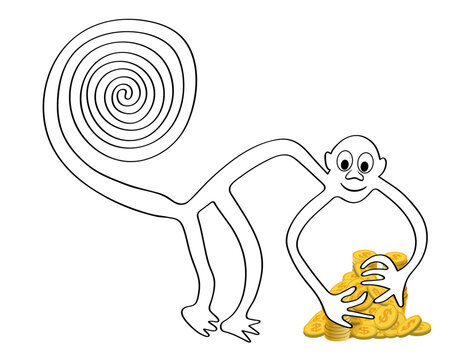 Monkey with a pile of golden coins - a paraphrase of the famous geoglyph The Monkey from Nazca - vector illustration
