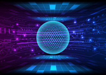 Technology high tech glowing globe The top and bottom have a bright perspective mesh. There is a curved circuit pattern on the back with bright dots of light. background gradient purple and blue