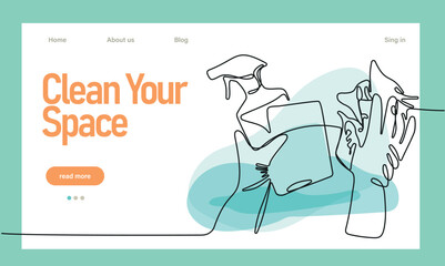 Home cleaning service landing page design concept, illustration of janitors with cleaning tools. Vector illustration