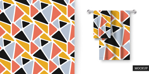 Geometric seamless pattern with triangles. Colorful abstract background. Repeating texture. Vector illustration geometric shapes. Modern ornament. Design paper, wallpaper, fabric. Mockup.