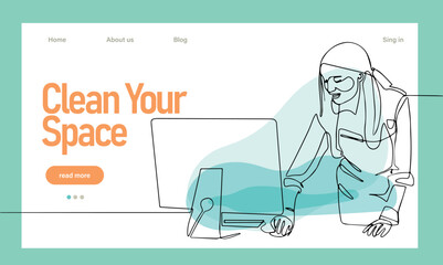 Home cleaning service landing page design concept, illustration of janitors with cleaning tools. Vector illustration