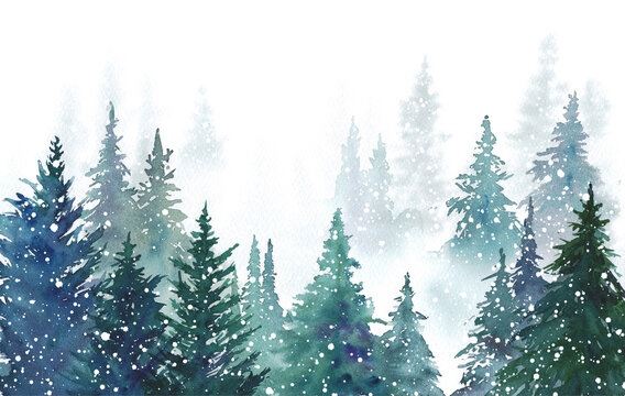 雪降る森林の水彩イラスト。森林の背景。 © Keiko Takamatsu