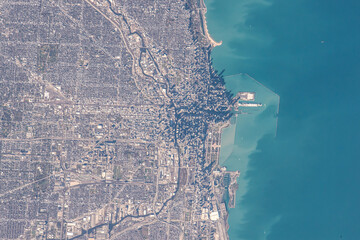 Aerial view of Chicago, Illinois as seen from space. Digitally enhanced. Elements of this image...