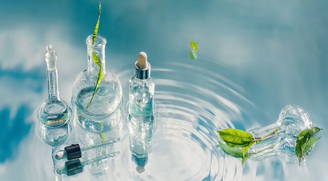 Abstract laboratory, serums, extracts, collag estrogens for natural organic skin care, cosmetics