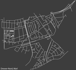 Detailed negative navigation white lines urban street roads map of the DREWER-NORD MUNICIPALITY of the German regional capital city of Marl, Germany on dark gray background