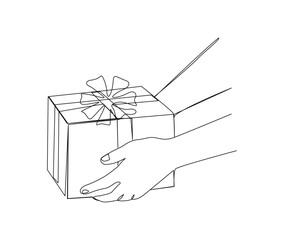Continuous line drawing of hand holding present box.  Presents cardboard box with ribbon simple line art with active stroke.  Holiday, birthday and thanksgiving concept.