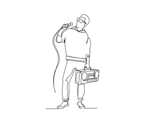Continuous line drawing of man singing with holding boombox tape recorder. Vocalist simple line art with active stroke.  Vocalist and music concept.