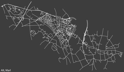 Detailed negative navigation white lines urban street roads map of the ALT-MARL MUNICIPALITY of the German regional capital city of Marl, Germany on dark gray background