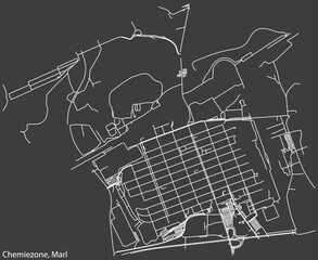 Detailed negative navigation white lines urban street roads map of the CHEMIEZONE MUNICIPALITY of the German regional capital city of Marl, Germany on dark gray background