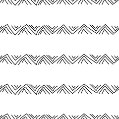 Vector.  Abstract monochrome ethnic seamless pattern. Artistic background hand drawn simple shapes of angle brackets, checkmarks. Mosaic abstract background. Repeating geometric texture. Dividers.