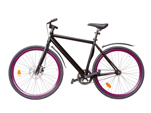 Black fixed gears urban bike with violet whells. Simple bike isolated with transparency