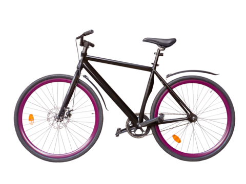 Black fixed gears urban bike with violet whells. Simple bike isolated with transparency