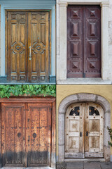 old wooden doors with metal decorations in the historical part of various cities