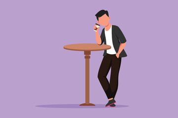 Cartoon flat style drawing young man stand at table in cafe, relaxing in cafeteria. Coffee break morning daily concept. Drinking hot flavored coffee at restaurant. Graphic design vector illustration