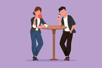 Obraz premium Cartoon flat style drawing loving couple is drinking coffee and stand at table in cafe. Friends or colleagues meeting in bistro, drinking beverage, pastime together. Graphic design vector illustration
