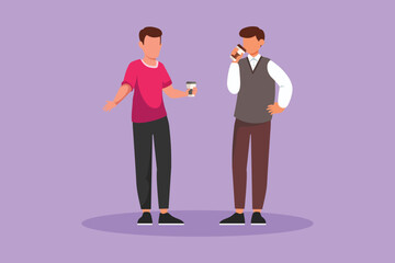 Graphic flat design drawing two men drinking coffee and stand in cafe, relaxing in cafeteria. Friends or colleagues meeting in bistro, communicate, pastime together. Cartoon style vector illustration