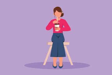 Character flat drawing woman drink coffee. Resting from work in cafeteria. Lunch break, visitor to restaurant, coffee shop. Invigorating drink in morning, caffeine. Cartoon design vector illustration