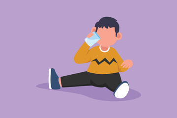 Graphic flat design drawing adorable little boy sitting while holding and enjoying glass of fresh milk to fulfill his body nutrition. Child health and growth concept. Cartoon style vector illustration