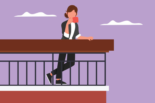 Character flat drawing young woman stands on balcony and drink coffee. Stay home in quarantine during coronavirus. Stay home, stay safe. People keep their distance. Cartoon design vector illustration