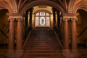The interior of city hall with stained glass at Liberec, Czech republic