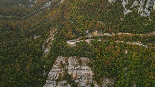 Aerial view of the winding road with cars passing in the mountains. Aerial View Above Top view colorful Autumn Forest. Aerial Top View Over Straight Road With Cars in Colorful Countryside Autumn Fores