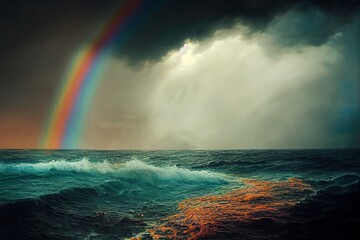 Dark thunder in the ocean with rainbow
