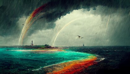 Dark and misty thunder in the ocean with rainbow and birds illustration