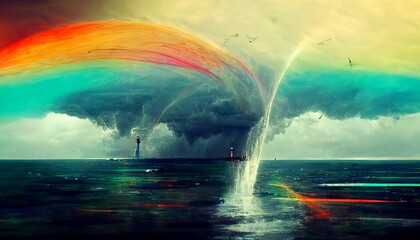 Dark and misty thunder in the ocean with rainbow illustration
