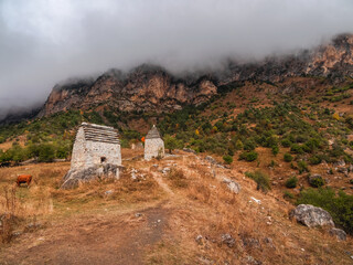 Majestic ancient tower buildings of Kelly and old family crypts in the Assinesky Gorge of...