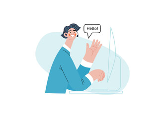 Customer support - Online shopping and electronic commerce series - modern flat vector concept illustration of a male operator greeting a client. Promotion, discounts, sale and online orders concept