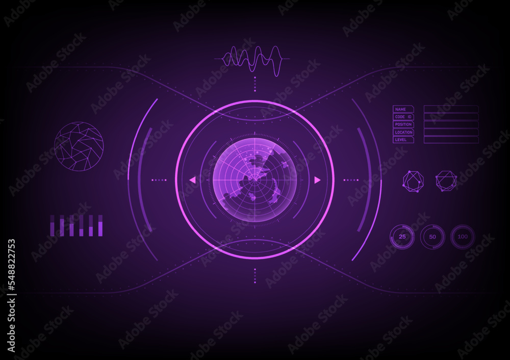 Poster hi-tech radar-scanning screen that glows there is a circle on the outside. has a curve with a point 