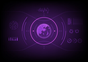Hi-tech radar-scanning screen that glows There is a circle on the outside. has a curve with a point There is an energy scale, there is a graph, the background is gradient, purple.