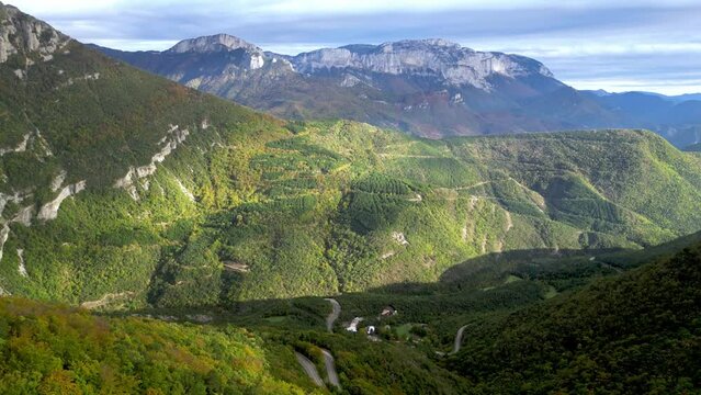 French countryside. Col de Rousset. Panoramic view of the heights of the Vercors, the marly hills and the valley Val de Drome, France
