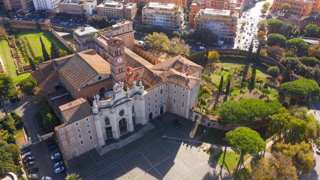 Aerial view of Basilica of the Holy Cross in Jerusalem, a Catholic Minor basilica in Rome, Italy. It is one of the Seven Pilgrim Churches of the city.