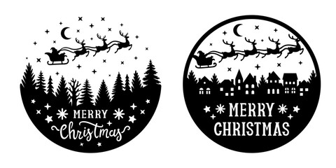 Merry Christmas vector round door sign. Santa Claus flies in a sleigh with reindeer over the city and trees. Templates for laser or paper cutting. Isolated on white background. - obrazy, fototapety, plakaty