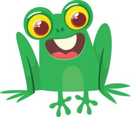 Cartoon green froggy frog mascot character in cartoon style. Vector illustration isolated on white. Design for print