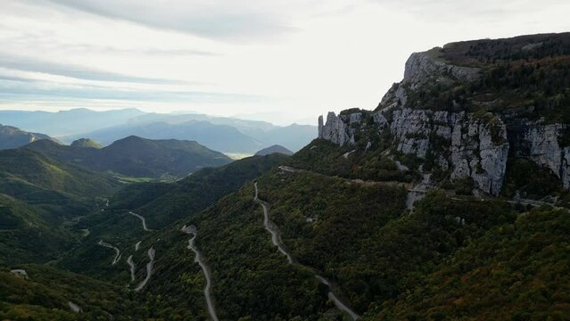 French countryside. Col de Rousset. Panoramic view of the heights of the Vercors, the marly hills and the valley Val de Drome, France