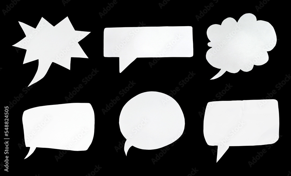 Aufkleber bubble speech shape in white paper texture. set of balloon text isolated for retro comic and design 