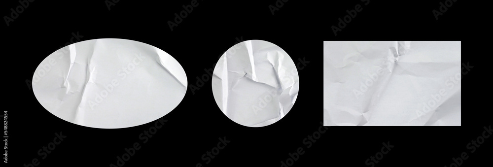 Poster Set of stickers in various shapes with paper texture. Glued sticker for retro label, tag, and design element.