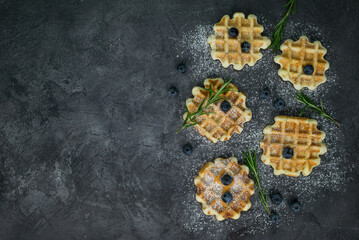 Homemade viennese waffles with blueberries, rosemary on dark background. Copy space background.