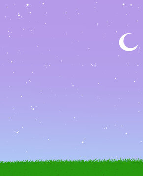 Fondo con cielo estrellado, luna y pasto