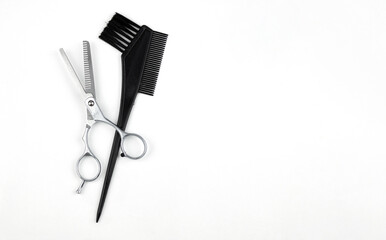 Hair coloring brush with scissors on white background. Professional hairdresser's accessories.