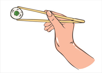 Hand holding sushi with chopsticks. Asian food. Japanese rolls with seafood and rice. Vector illustration for any design.