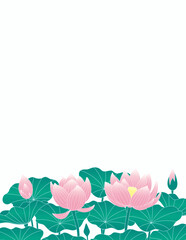 Obraz na płótnie Canvas Traditional Asian background with lotus, water lily flowers, leaves, copy space. Oriental, eastern style vector illustration. Design concept for summer, autumn promotion, seasonal sale, advertising.