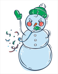 Cute snowman with confetti. Cartoon character on a white background. Cute character design. Christmas vector. Vector illustration element.