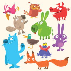 Set of funny animals isolated on white background. Cartoon fox owl  bunny rabbit beaver duck donkey pig frog and bear. Vector