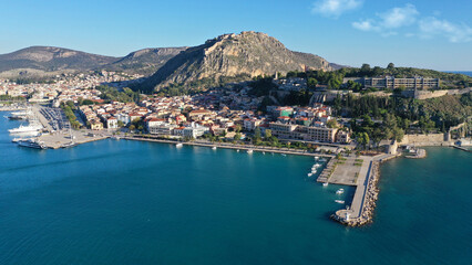 Aerial drone photo of iconic fortress of Palamidi built uphill overlooking old city of Nafplio well known for its 1000 stairs to reach the top , Argolida, Peloponnese, Greece