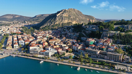 Fototapeta na wymiar Aerial drone photo of iconic fortress of Palamidi built uphill overlooking old city of Nafplio well known for its 1000 stairs to reach the top , Argolida, Peloponnese, Greece