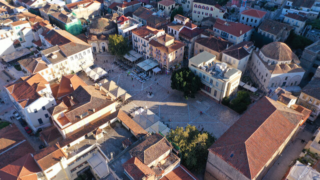 Aerial drone photo of picturesque main square in old city of Nafplio know as Syntagma square, Argolida, Peloponnese, Greece